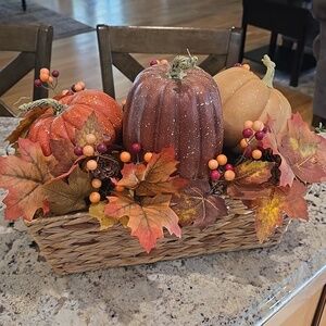 Festive Fall Pumpkin Centerpiece - Orange, Cream & Brown